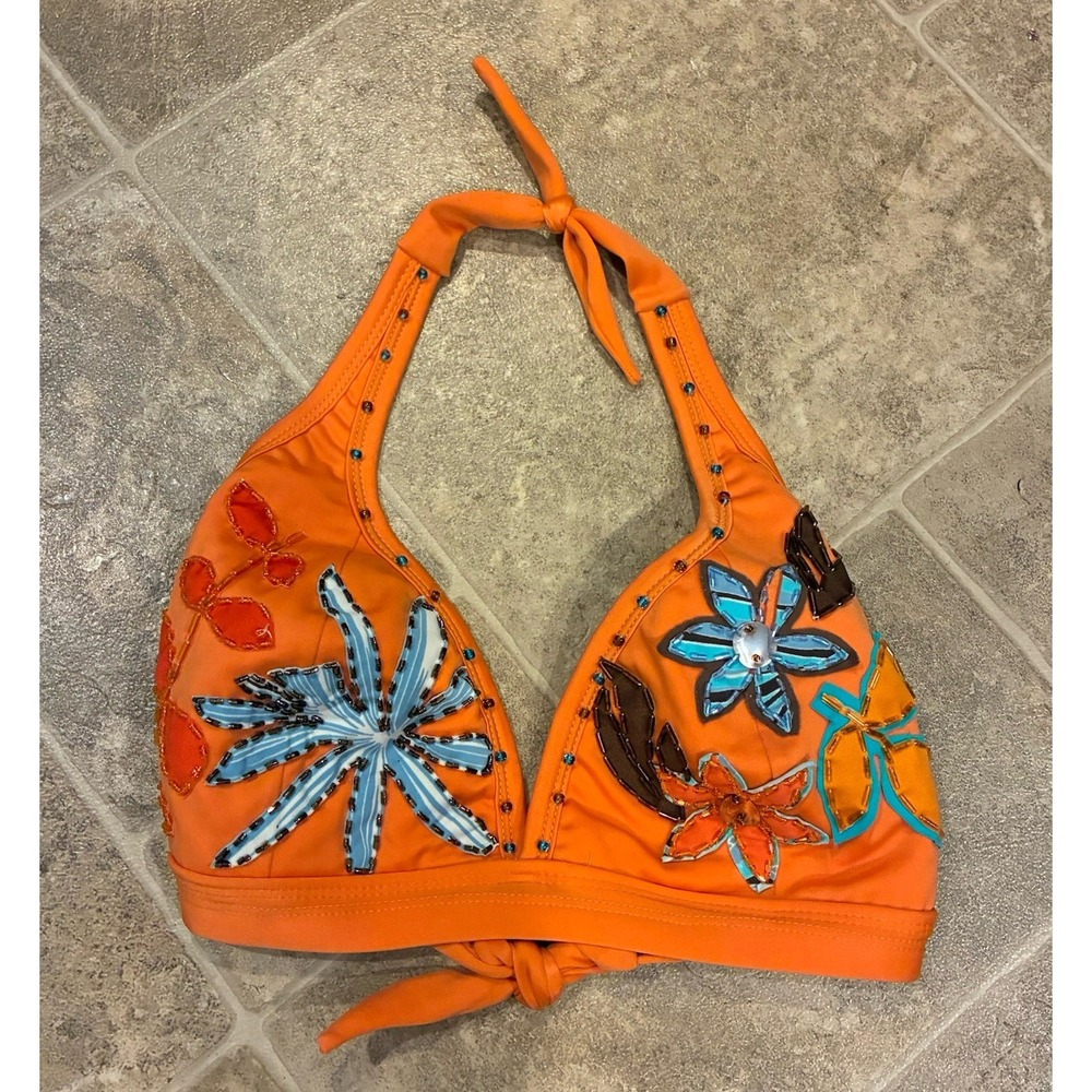 No Boundaries Beaded Floral Halter Bikini Top Size Large Festival Rave